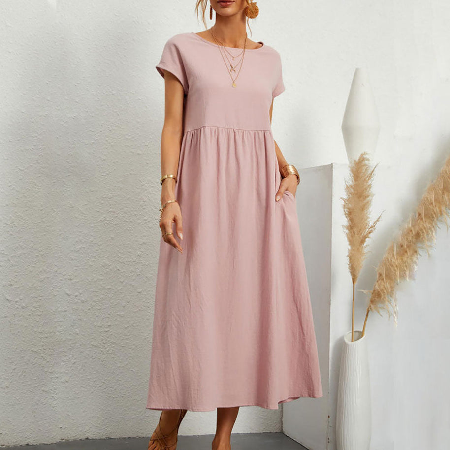 WW | lockeres Rundhals-Sommer-Midikleid aus Baumwolle und Leinen