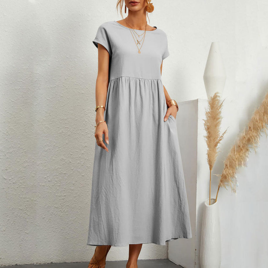 WW | lockeres Rundhals-Sommer-Midikleid aus Baumwolle und Leinen