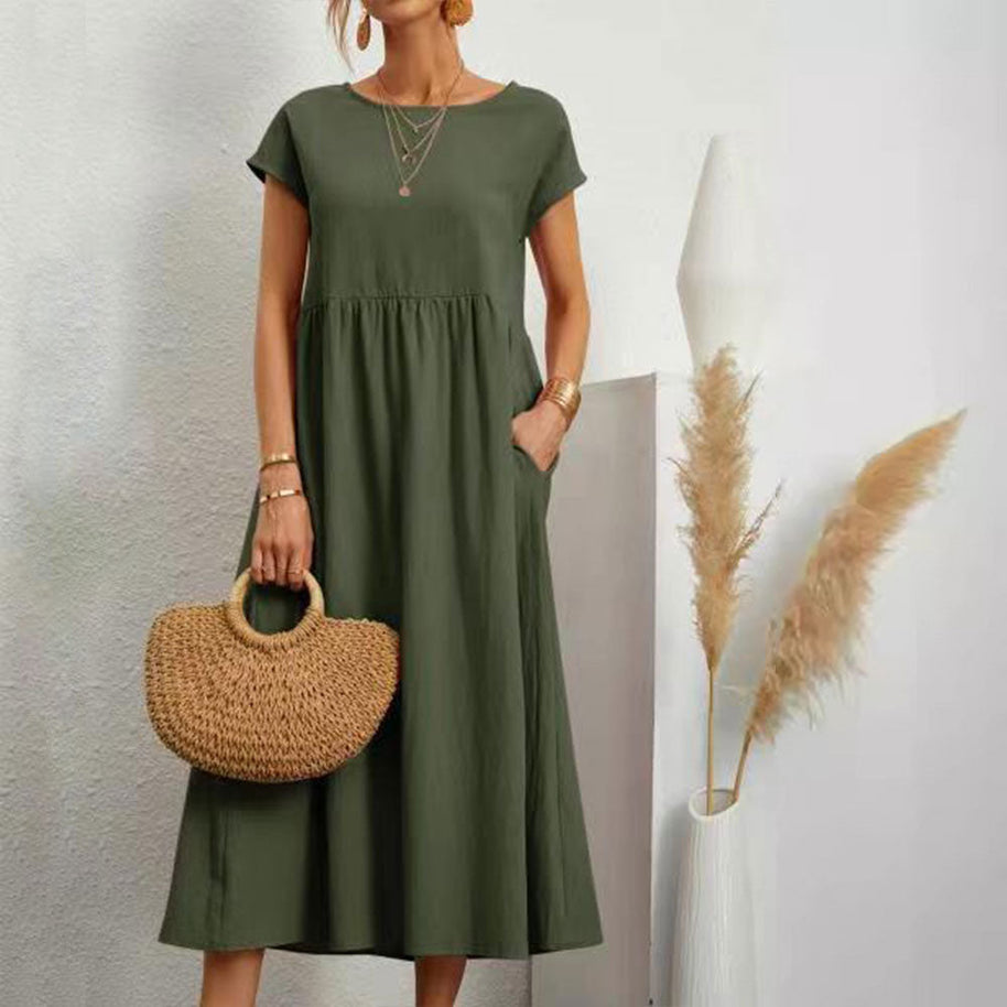 WW | lockeres Rundhals-Sommer-Midikleid aus Baumwolle und Leinen