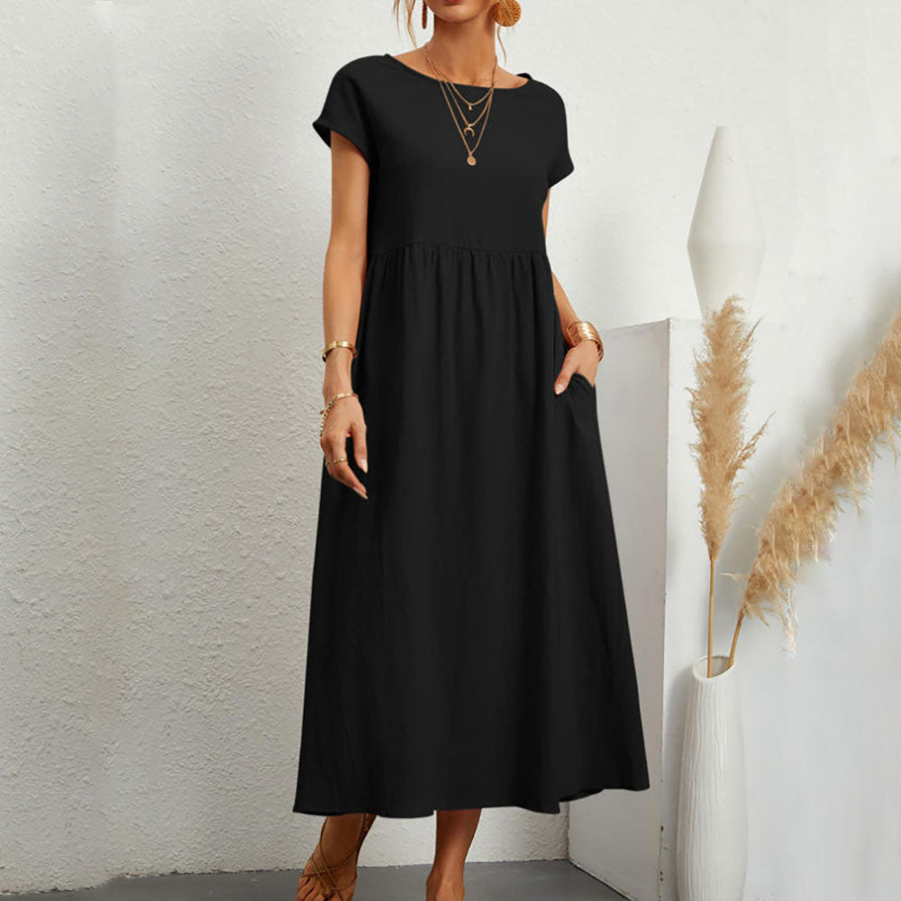 WW | lockeres Rundhals-Sommer-Midikleid aus Baumwolle und Leinen