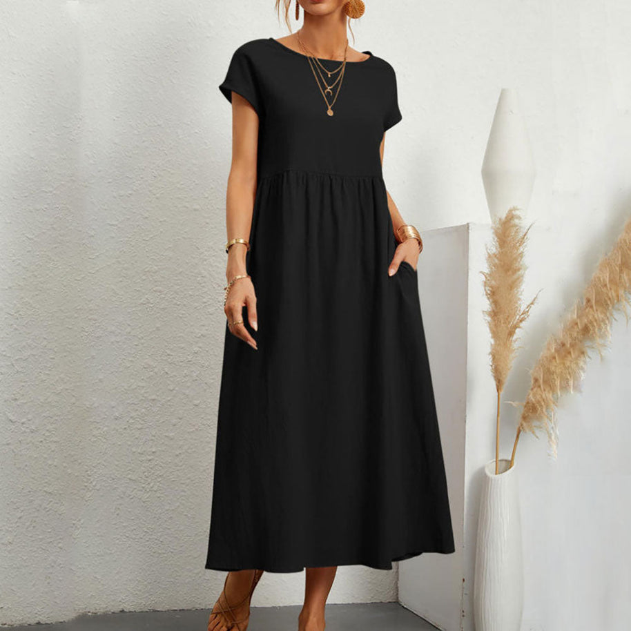 WW | lockeres Rundhals-Sommer-Midikleid aus Baumwolle und Leinen