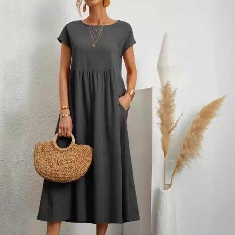 WW | lockeres Rundhals-Sommer-Midikleid aus Baumwolle und Leinen