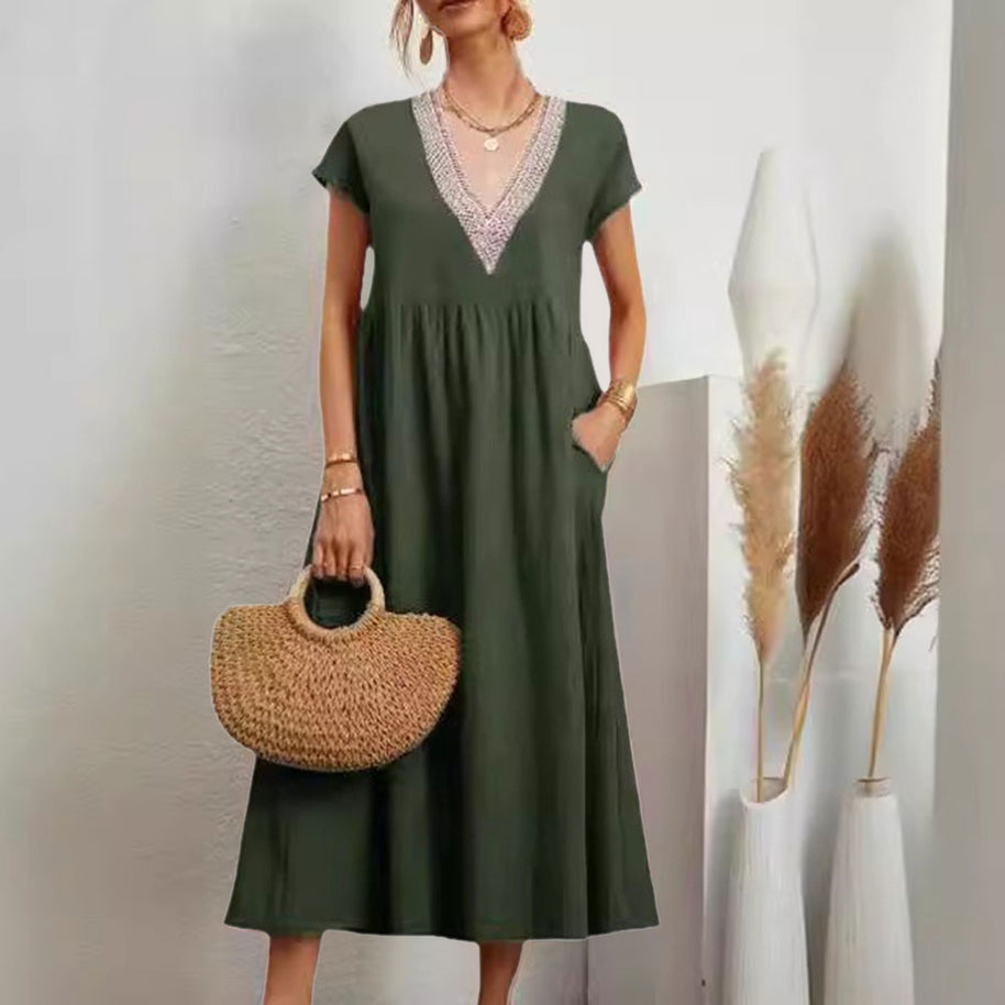 WW | Kleid mit V-Ausschnitt und Spitzensaum aus Baumwolle und Leinen in Unifarbe