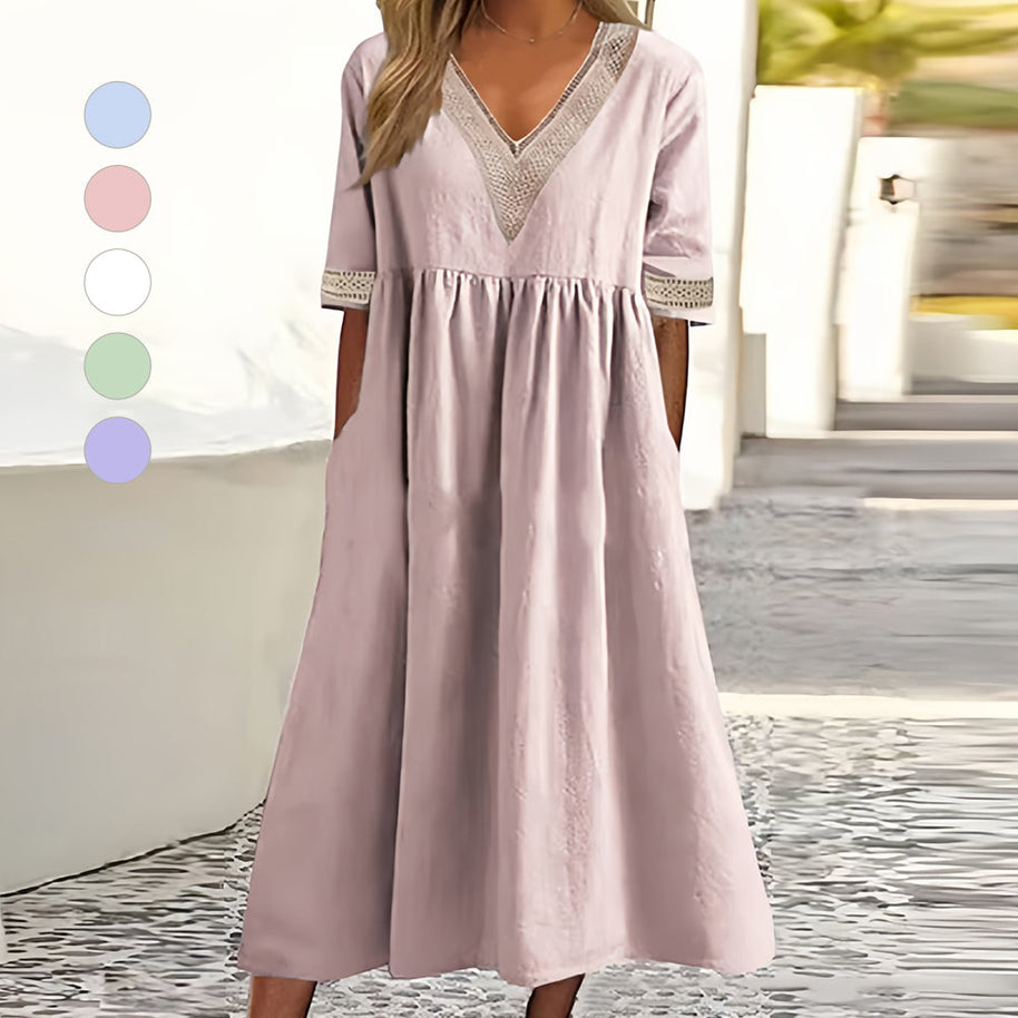 WW | A-Linien-Midi-Sommerkleid mit V-Ausschnitt und kurzen Ärmeln für Damen