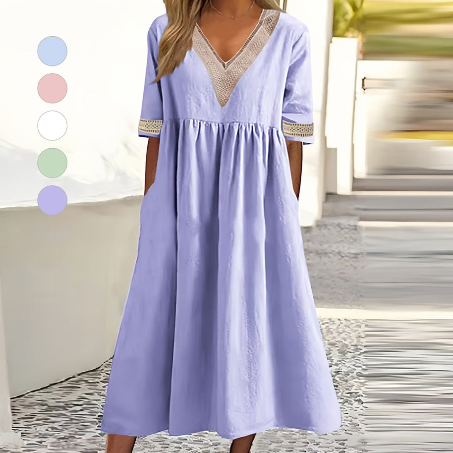 WW | A-Linien-Midi-Sommerkleid mit V-Ausschnitt und kurzen Ärmeln für Damen
