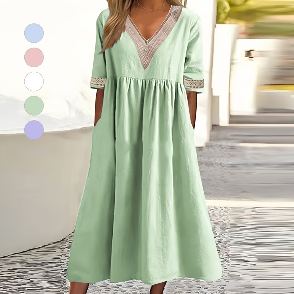 WW | A-Linien-Midi-Sommerkleid mit V-Ausschnitt und kurzen Ärmeln für Damen