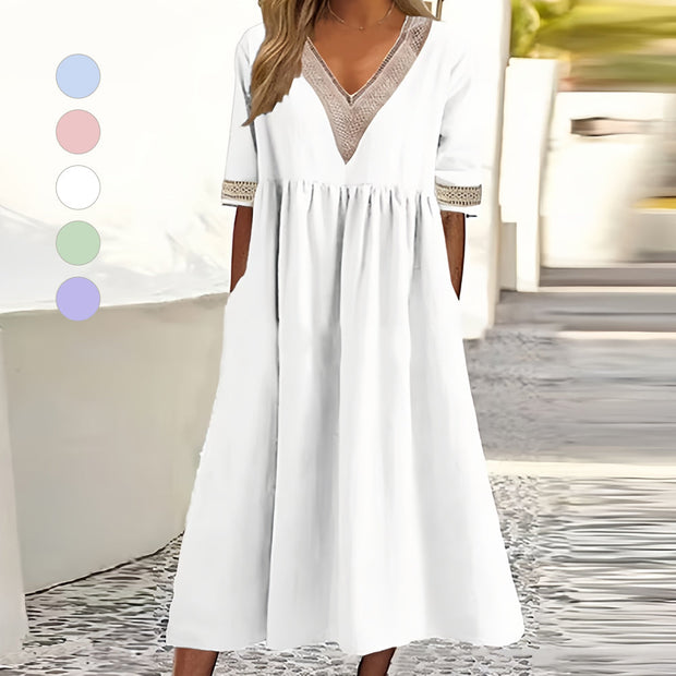 WW | A-Linien-Midi-Sommerkleid mit V-Ausschnitt und kurzen Ärmeln für Damen