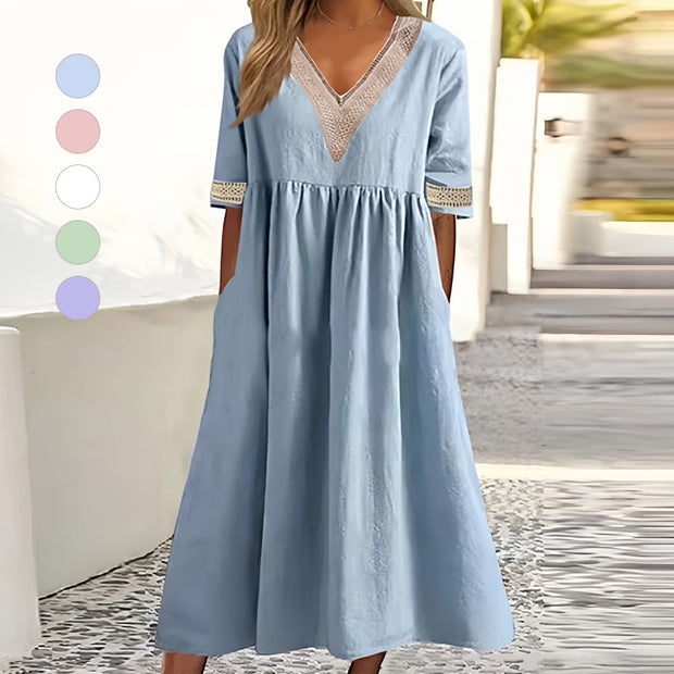 WW | A-Linien-Midi-Sommerkleid mit V-Ausschnitt und kurzen Ärmeln für Damen