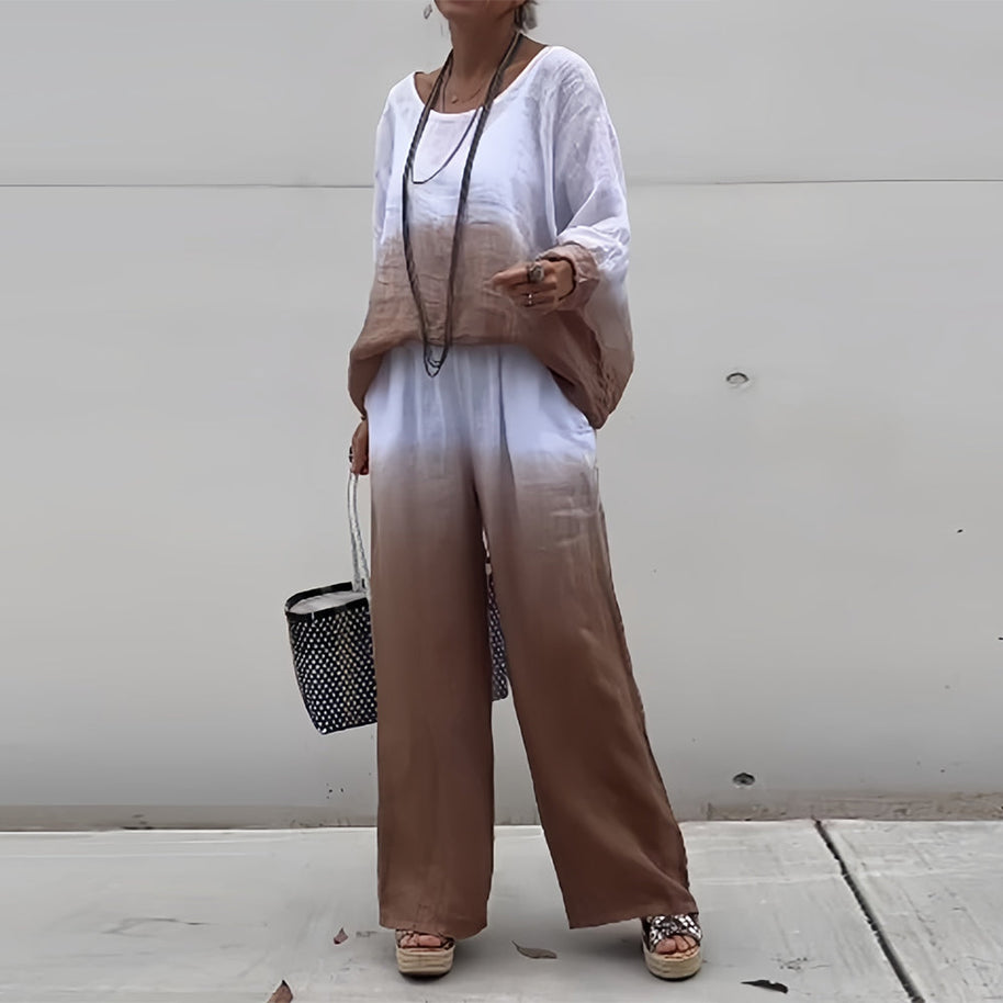 WW | T-Shirt + Hose aus Baumwolle und Leinen mit Farbverlauf und Rundhalsausschnitt für Damen