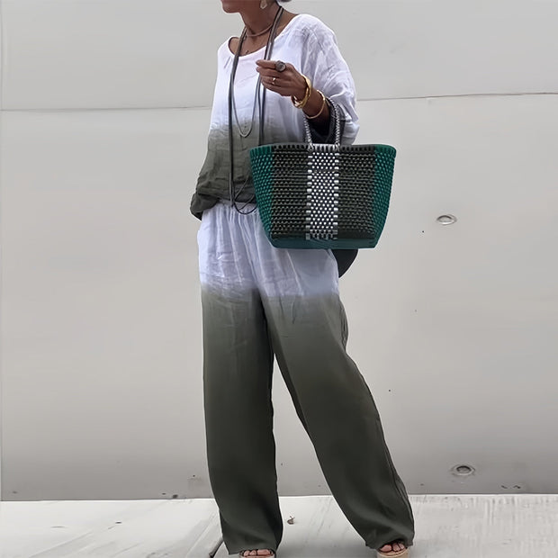 WW | T-Shirt + Hose aus Baumwolle und Leinen mit Farbverlauf und Rundhalsausschnitt für Damen