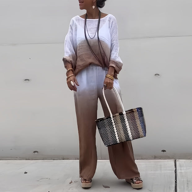 WW | T-Shirt + Hose aus Baumwolle und Leinen mit Farbverlauf und Rundhalsausschnitt für Damen