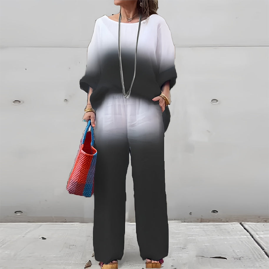 WW | T-Shirt + Hose aus Baumwolle und Leinen mit Farbverlauf und Rundhalsausschnitt für Damen