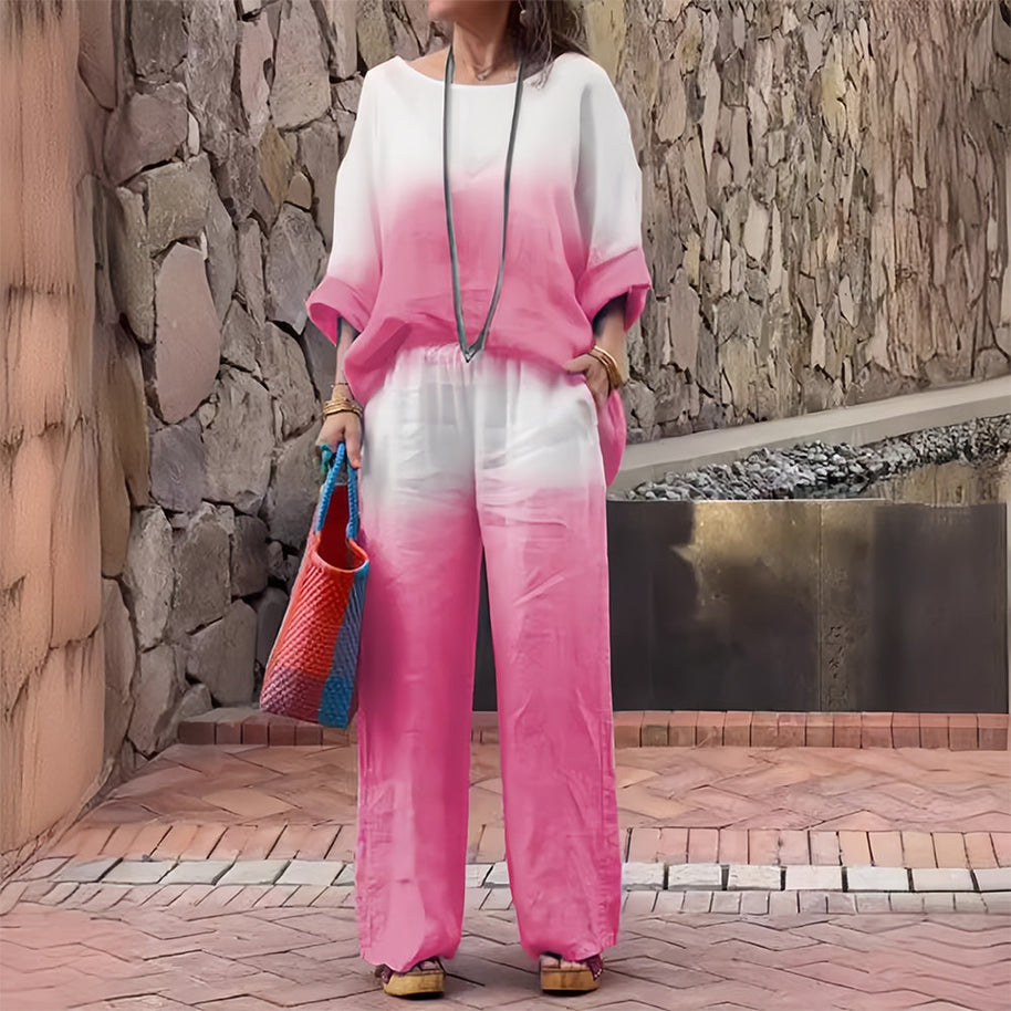 WW | T-Shirt + Hose aus Baumwolle und Leinen mit Farbverlauf und Rundhalsausschnitt für Damen