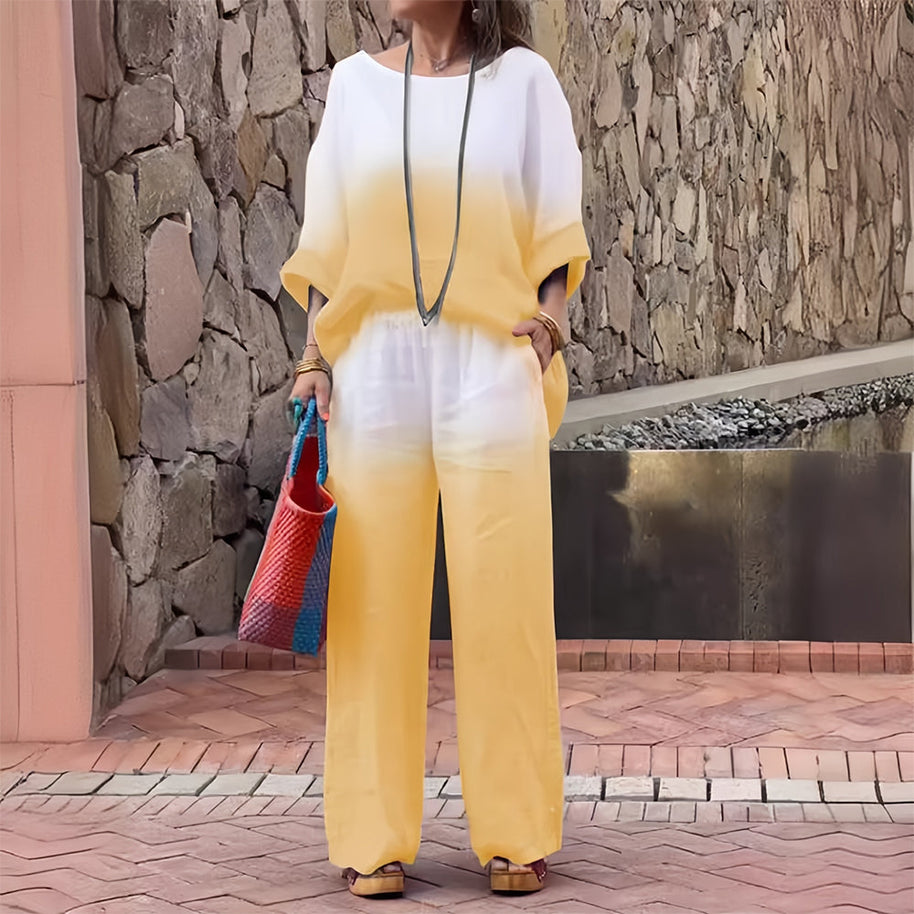 WW | T-Shirt + Hose aus Baumwolle und Leinen mit Farbverlauf und Rundhalsausschnitt für Damen