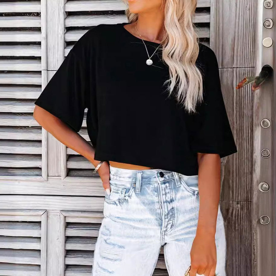 WW | Lässiges, einfarbiges, kurzes T-Shirt mit Rundhalsausschnitt für Damen