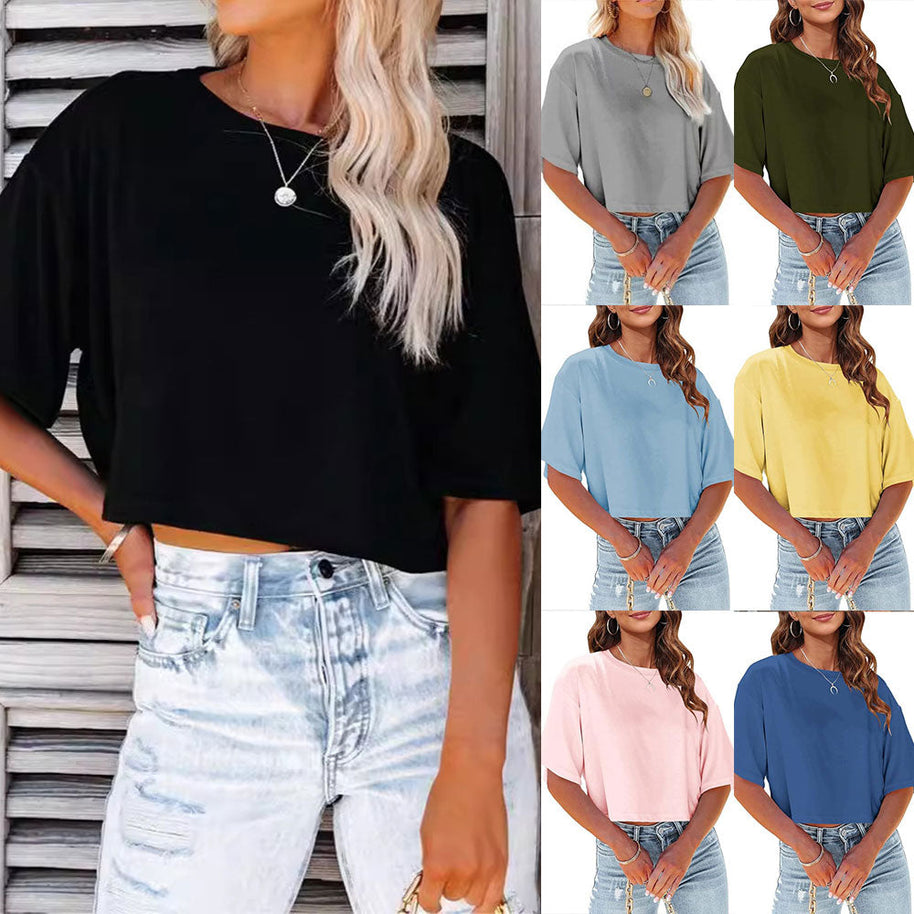 WW | Lässiges, einfarbiges, kurzes T-Shirt mit Rundhalsausschnitt für Damen