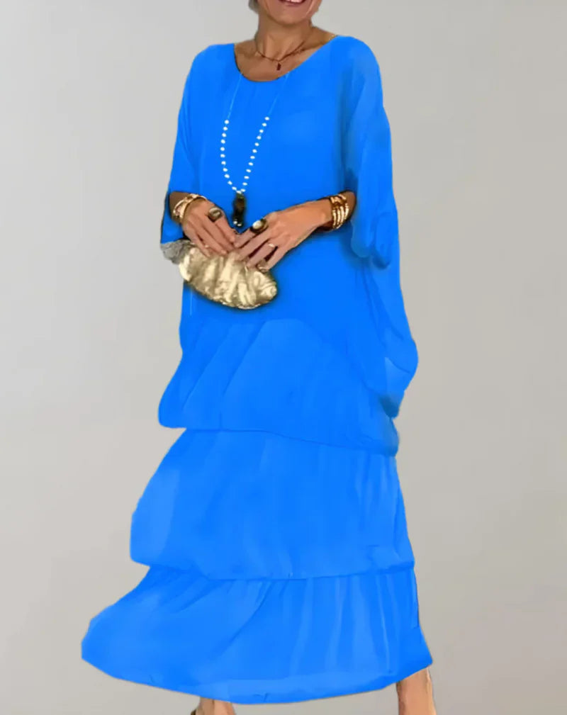 WW | Elegantes Maxikleid mit Fledermausärmeln und Gestuftem Rundhalsausschnitt
