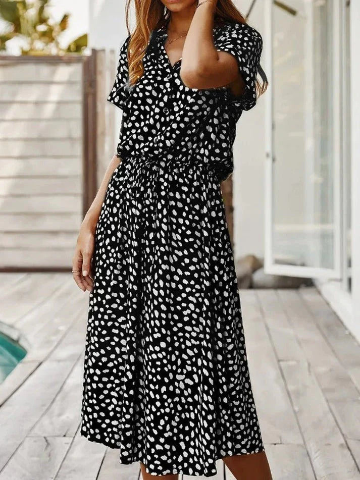 WW - Elegantes kurzärmliges Hemdblusenkleid mit Polka Dots und Kordelzug in der Taille