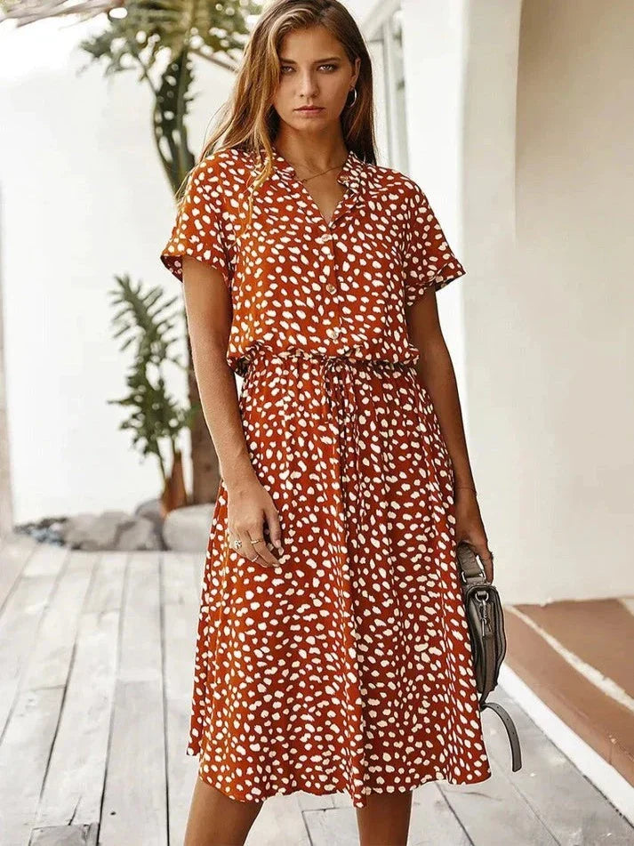 WW - Elegantes kurzärmliges Hemdblusenkleid mit Polka Dots und Kordelzug in der Taille