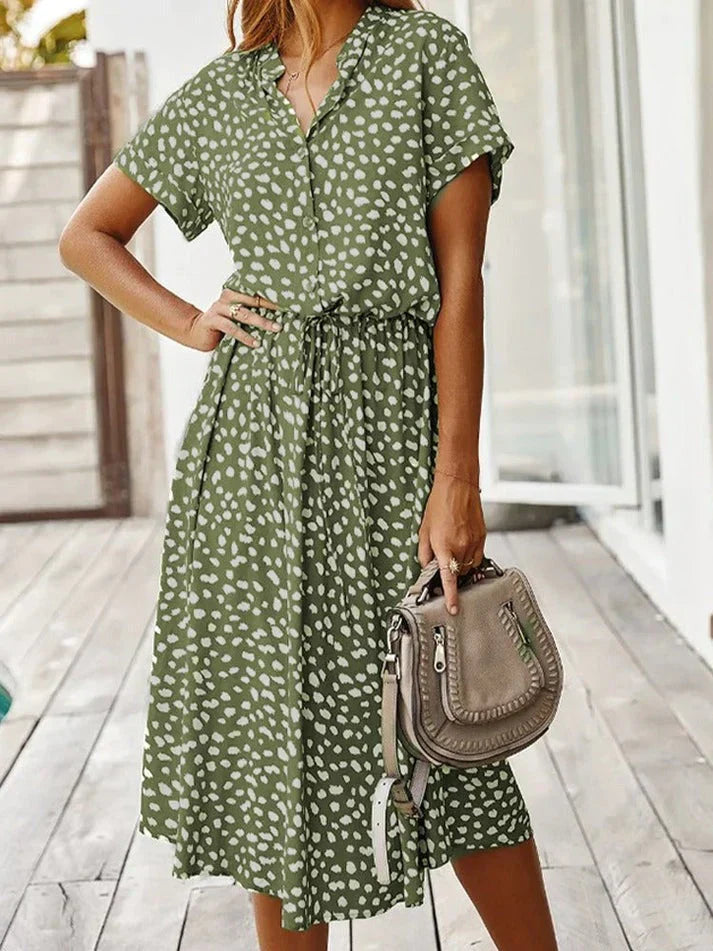 WW - Elegantes kurzärmliges Hemdblusenkleid mit Polka Dots und Kordelzug in der Taille
