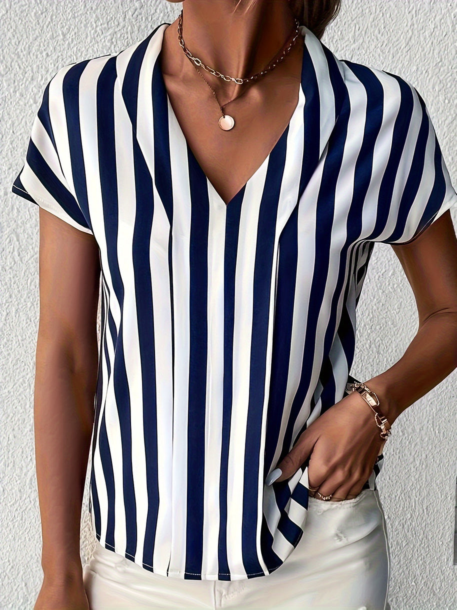 Damen Bluse im elegant gestreiften Design mit modernem V-Ausschnitt und kurzen Ärmeln WW