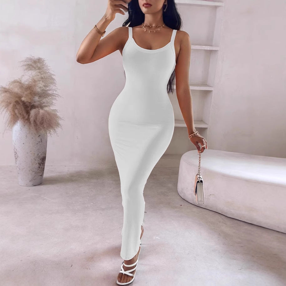 Damen figurbetontes Maxikleid mit schmalen Trägern und raffiniertem Schnitt WW