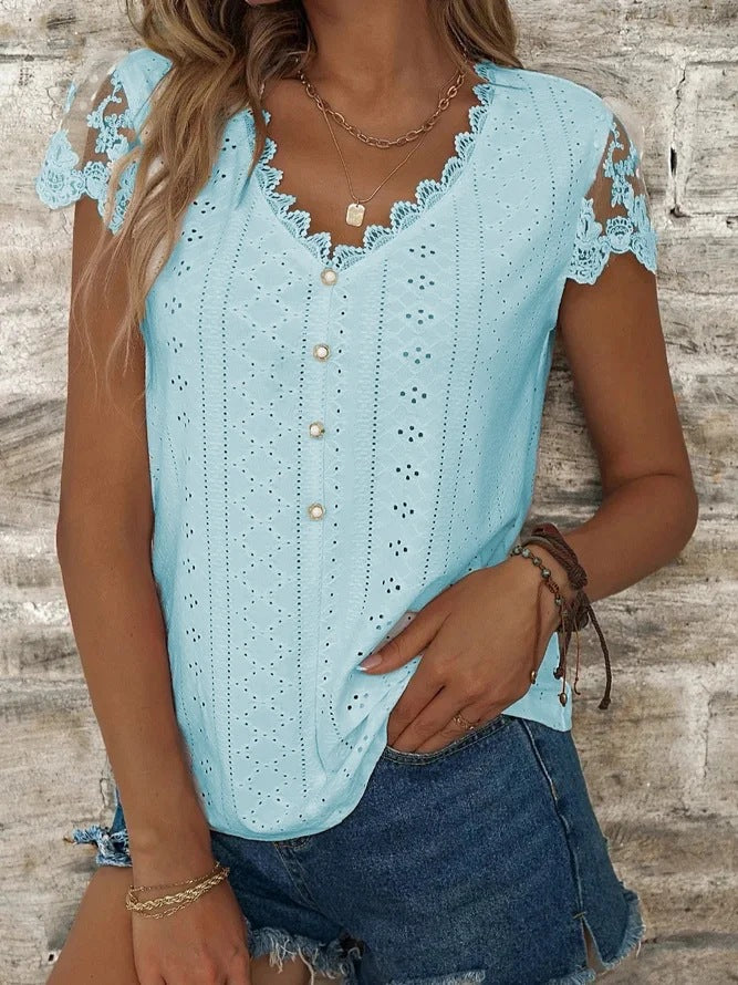 Damen Bluse mit romantischen Rüschen und einzigartiger Lochstickerei WW