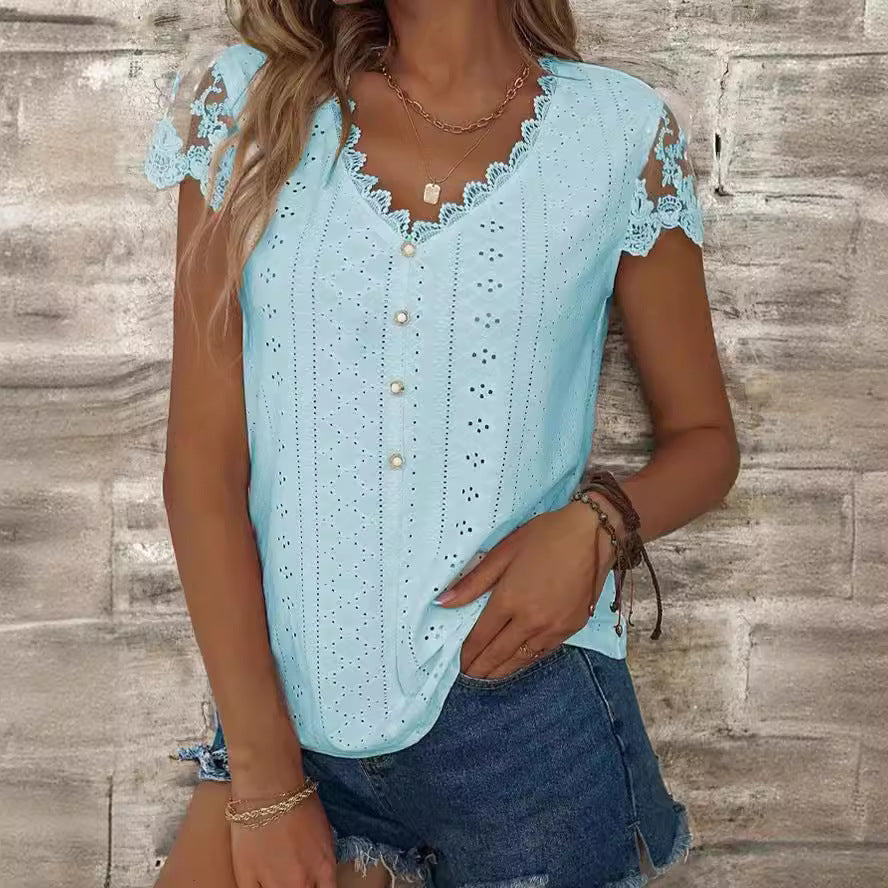 Damen Bluse mit romantischen Rüschen und einzigartiger Lochstickerei WW