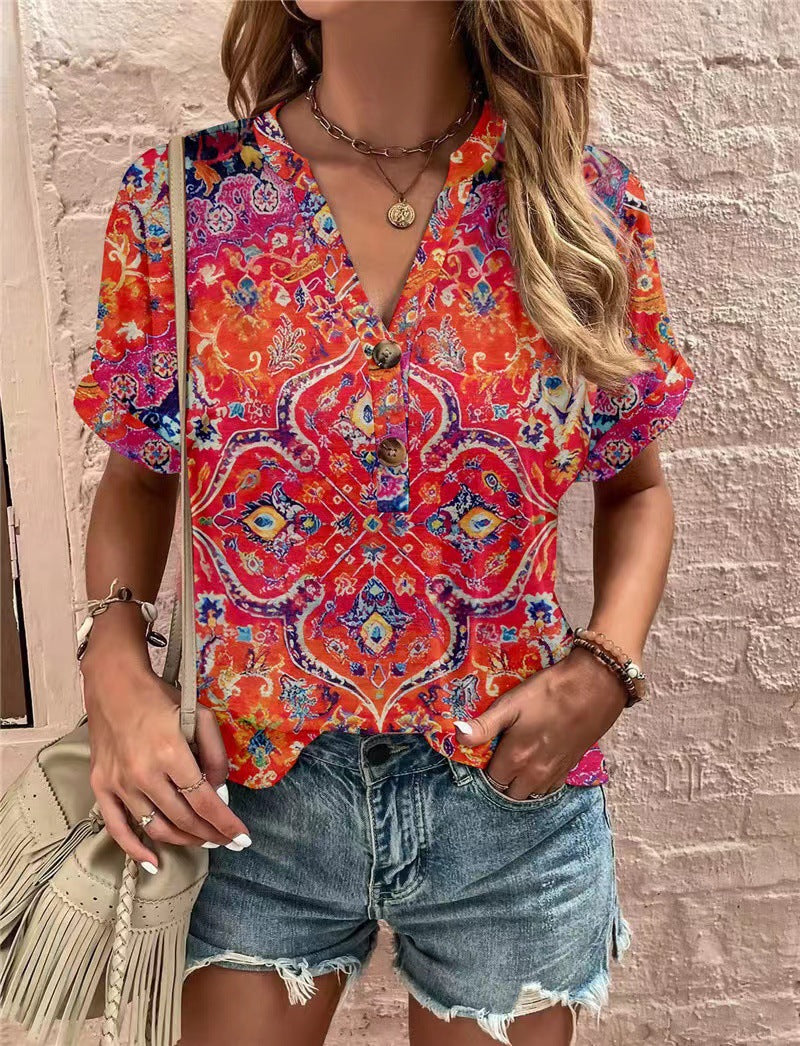 Damen Kurzarm Bluse mit dekorativem Musterdruck und knöpfbarem Ausschnitt WW