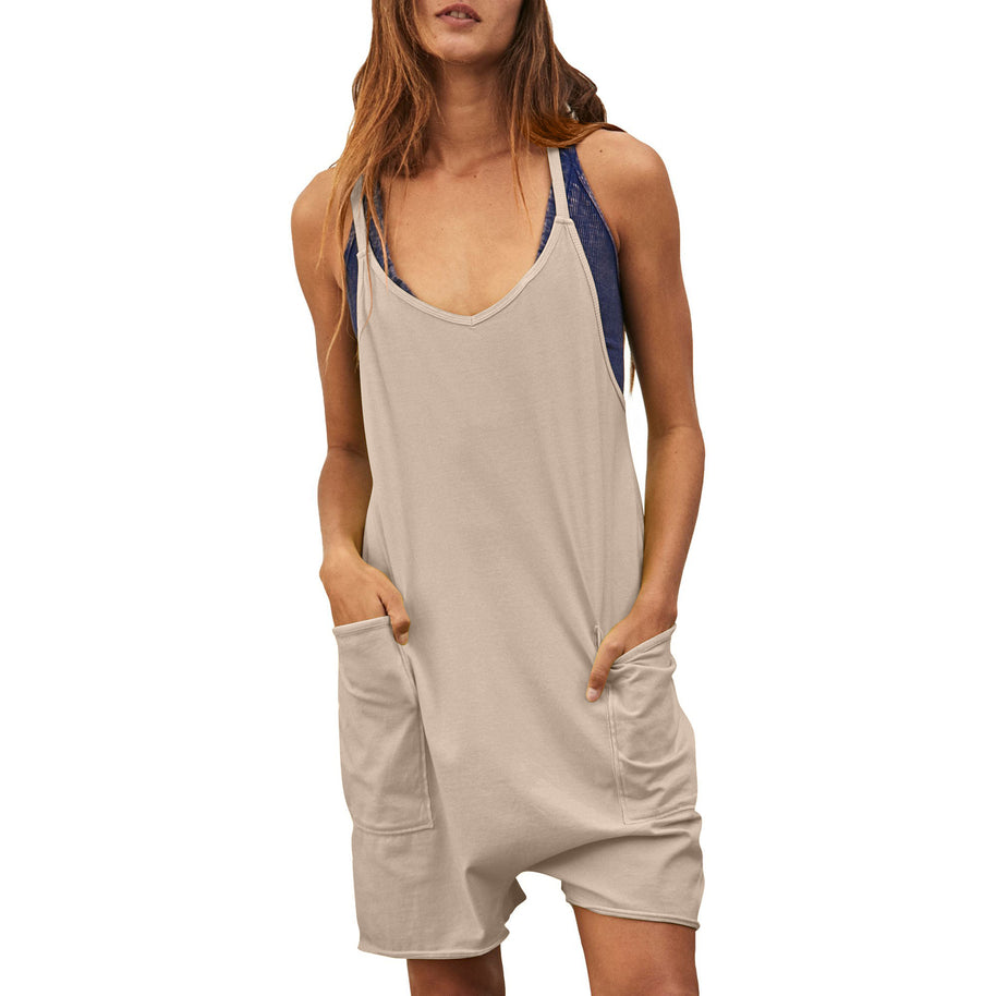Damen komfortabler Overall mit tiefem Ausschnitt und praktischen Taschen WW