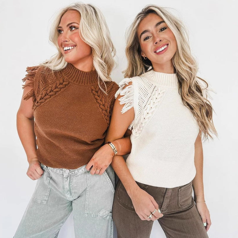 Damen elegantes Stricktop mit raffiniertem Häkelmuster und Fransen WW