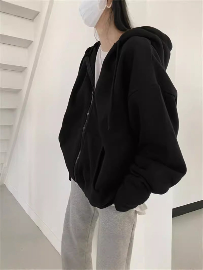 WOLF Zip-up Oversized Solid Pocket Hooded Langarm Lose Baseball Jacke