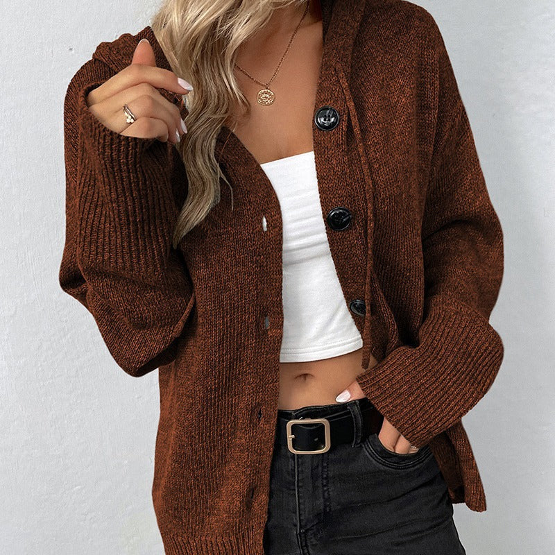 Damen elegante Strickjacke mit Kapuze und Knöpfen
