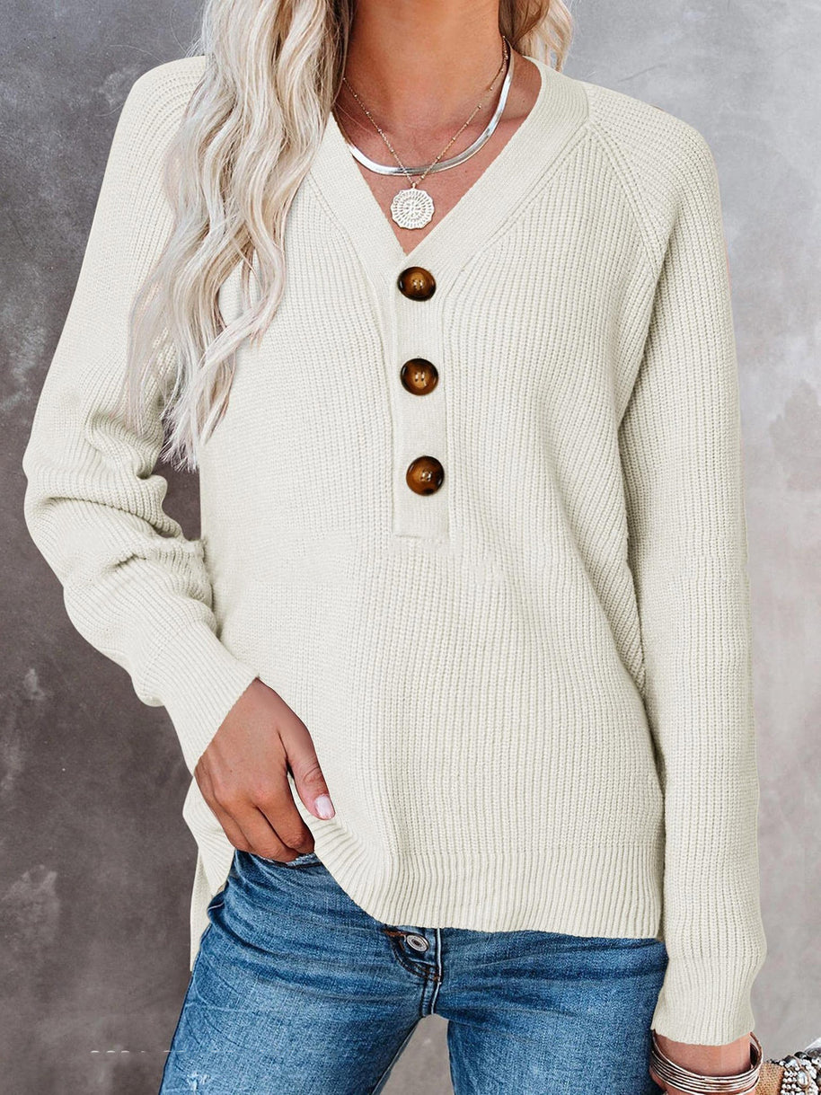 Damen Strickpullover mit V-Ausschnitt und Knopfdetails WW