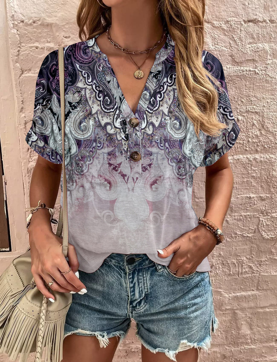 Damen lässiges kurzärmliges Blusenshirt mit verspieltem Paisleymuster und modernen Knopfdetails WW