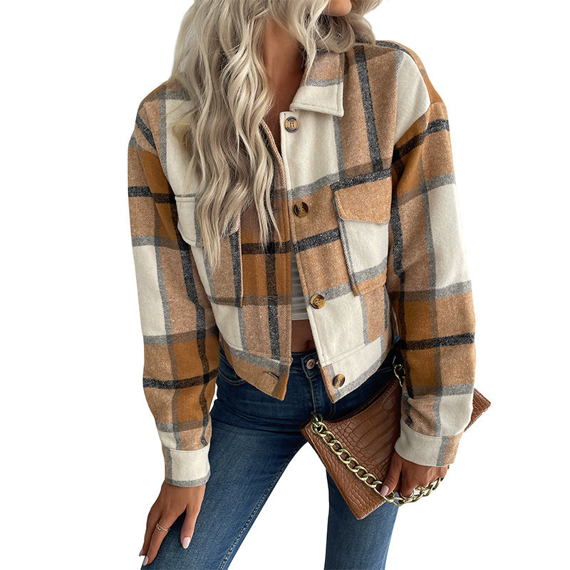 Damen cropped Karo-Jacke mit praktischen Taschen und modischen Details WW