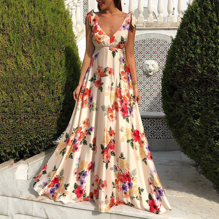 WW | Bedrucktes Langarmloses Spaghettiträgerkleid mit großem Saum