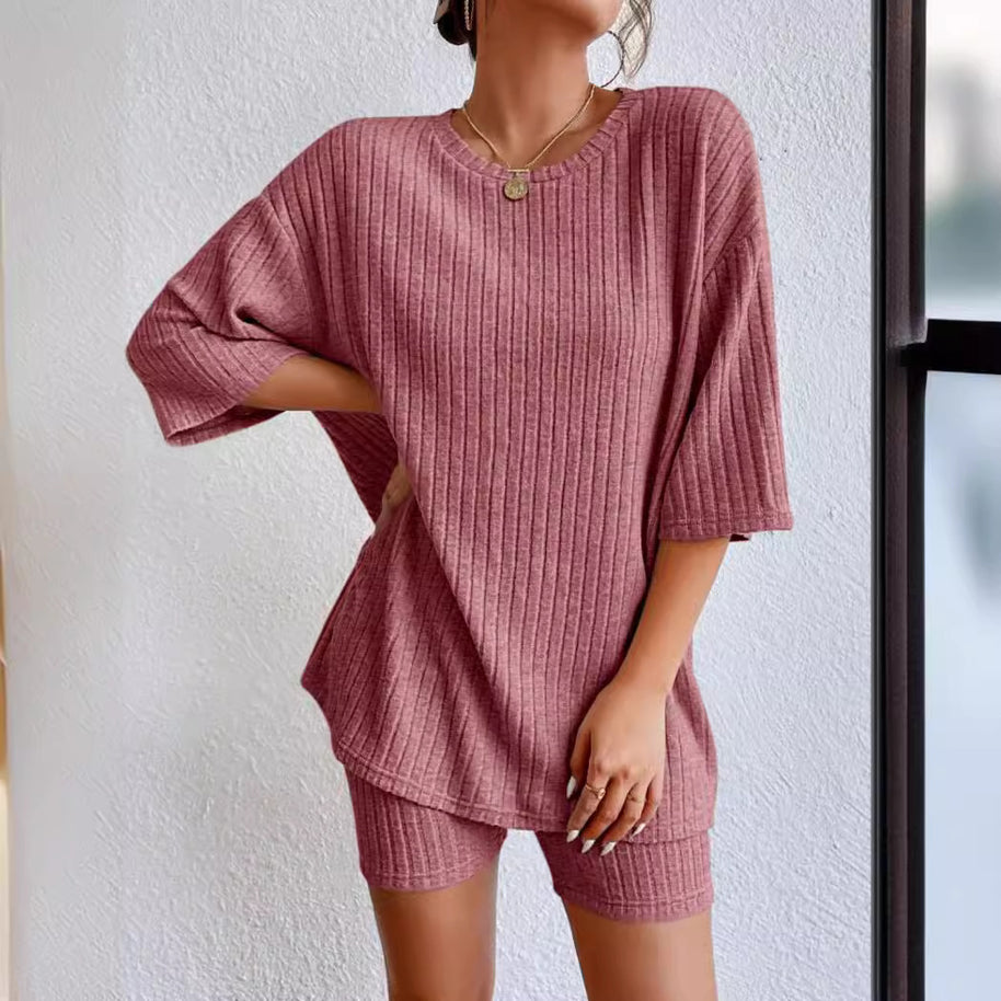 Damen komfortables Kurzarm Set mit Rippstrick und relaxed Schnitt WW