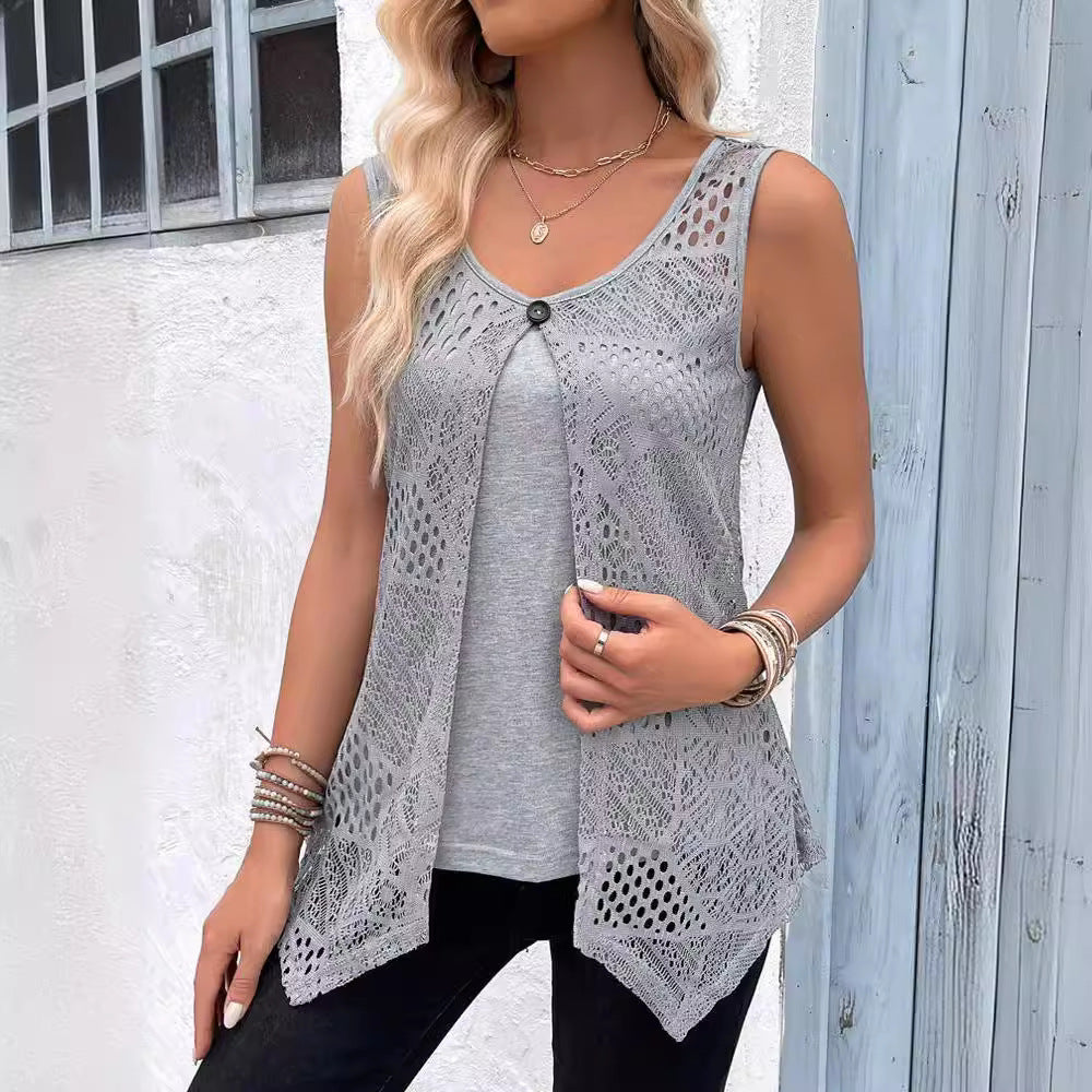 Damen Ärmelloses Spitzen-Tunika-Shirt mit modischem Knopfverschluss WW