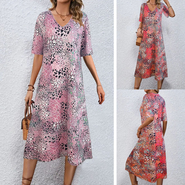 Damen V-Ausschnitt Midi-Kleid im lässigen Animal-Print Stil WW