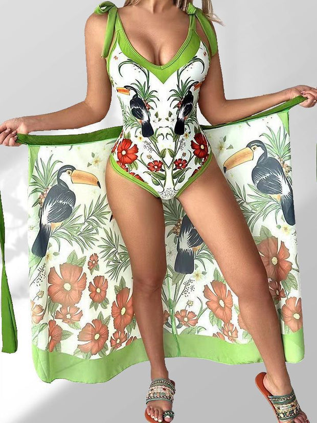 Damen Pareo mit botanischem Muster und stilvollem Bindegürtel WW