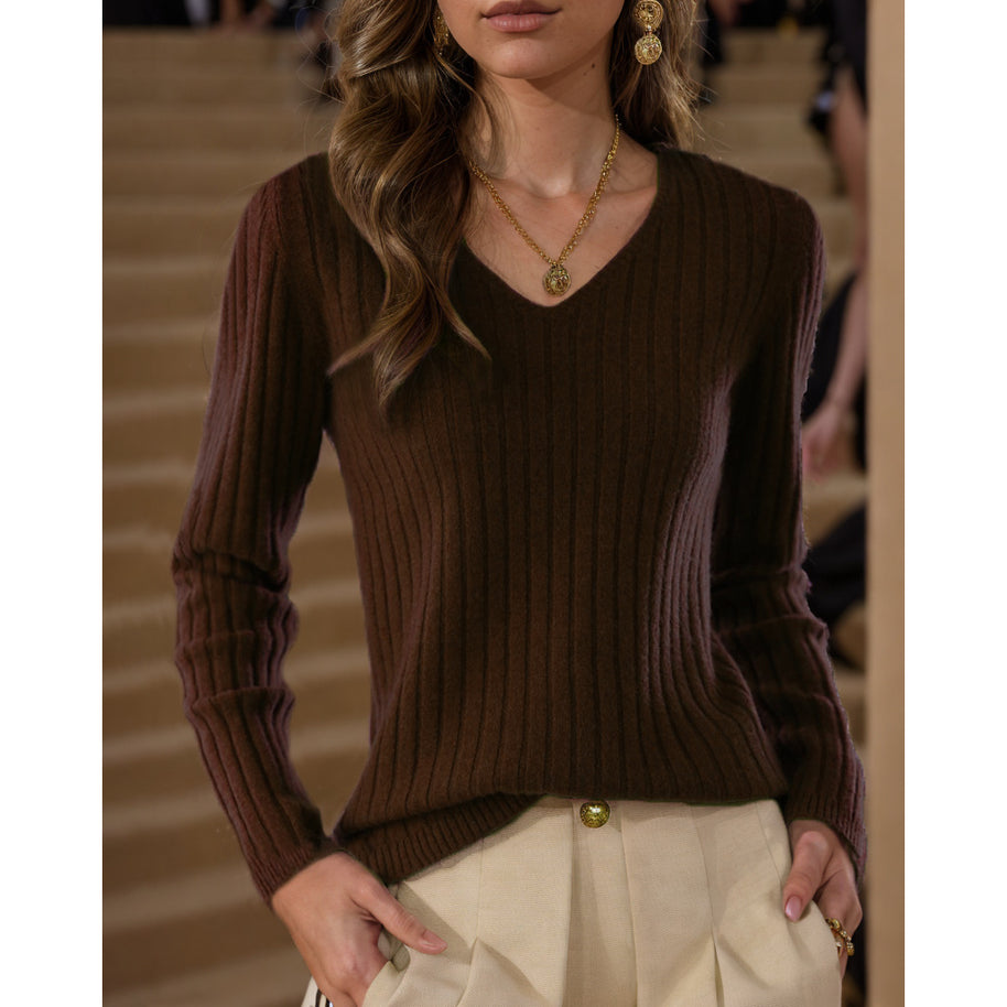 Damen Strickpullover mit V-Ausschnitt und feinem Rippenstrickdesign WW