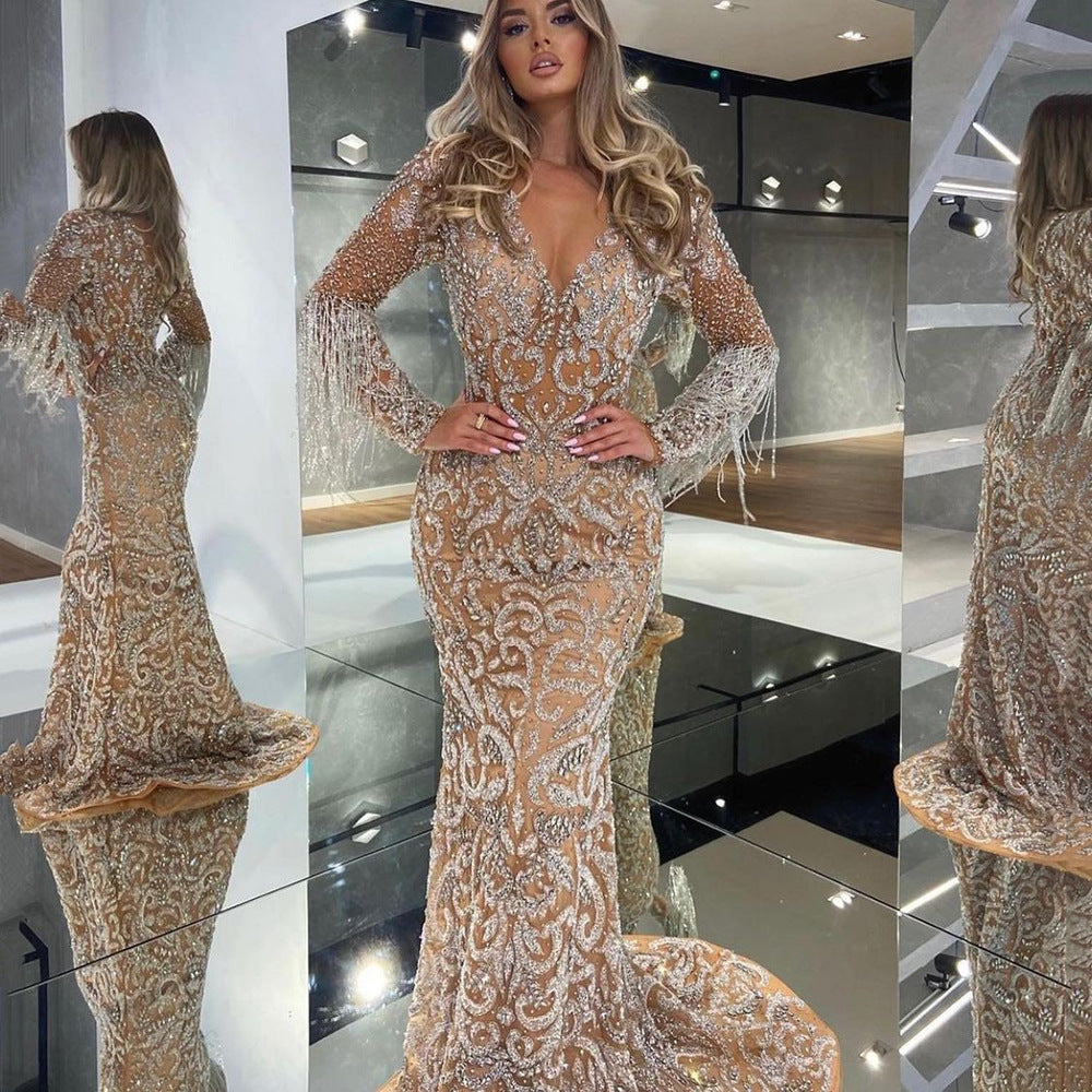WW | Meerjungfrau Pailletten Fransen Elegantes Langes Kleid