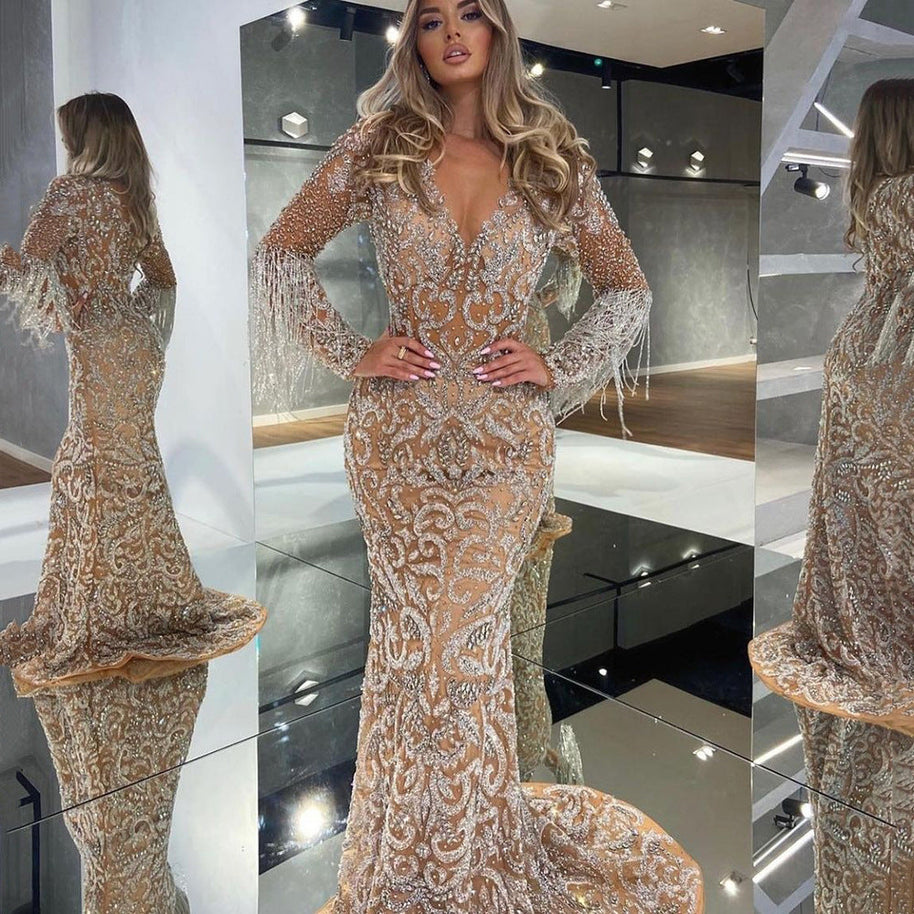 WW | Meerjungfrau Pailletten Fransen Elegantes Langes Kleid