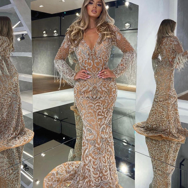 WW | Meerjungfrau Pailletten Fransen Elegantes Langes Kleid