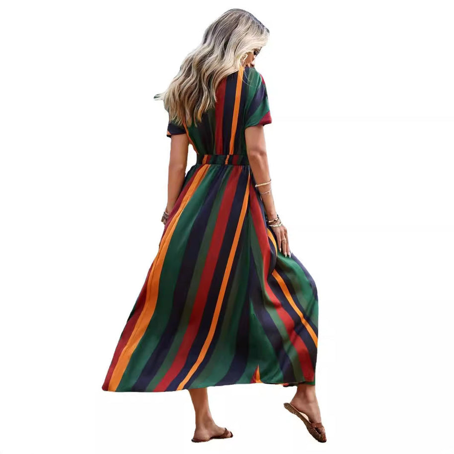 WW | Gestreiftes Elastisches Taillenstrandkleid