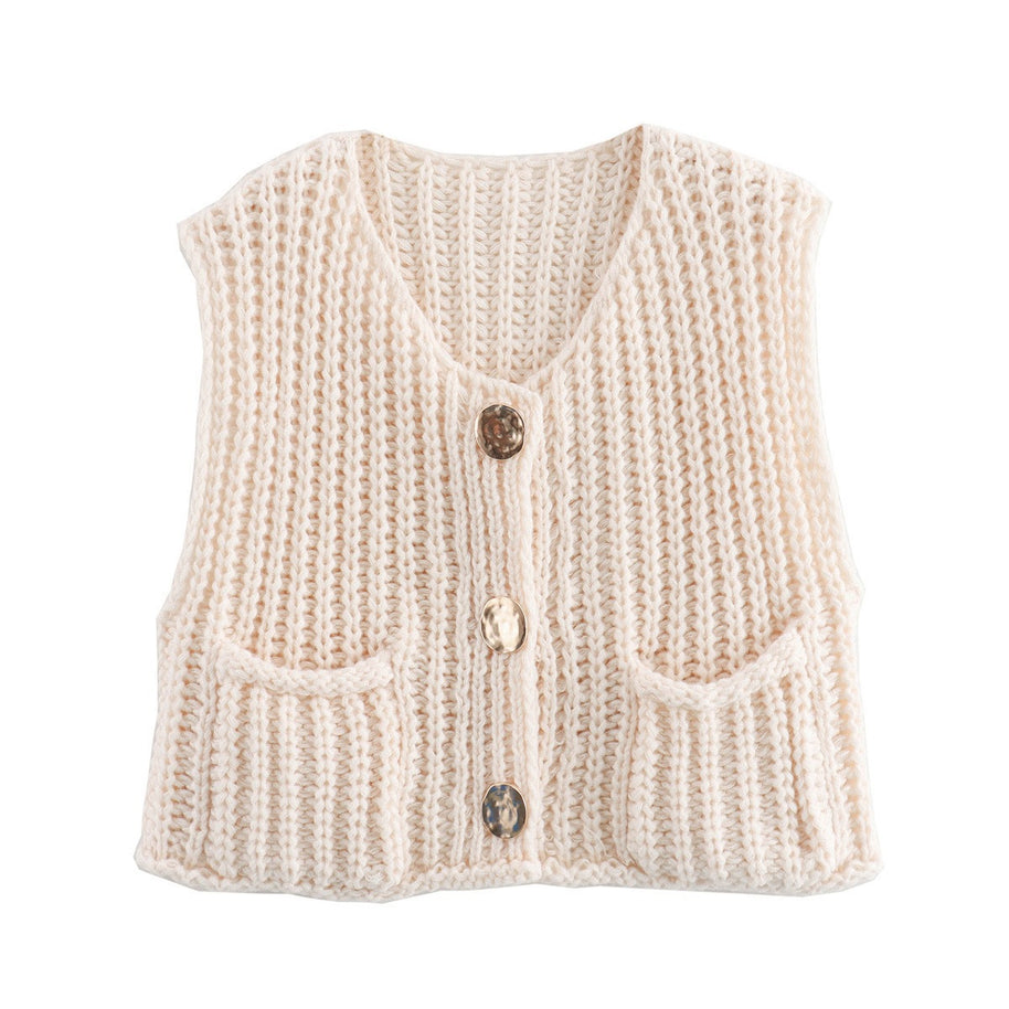 Damen Strickweste mit praktischen Taschen und dekorativen Holzknöpfen WW
