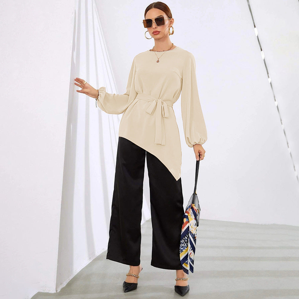 Damen asymmetrisches Blusenoberteil mit eleganten Rüschen und modischem Taillengürtel W&W