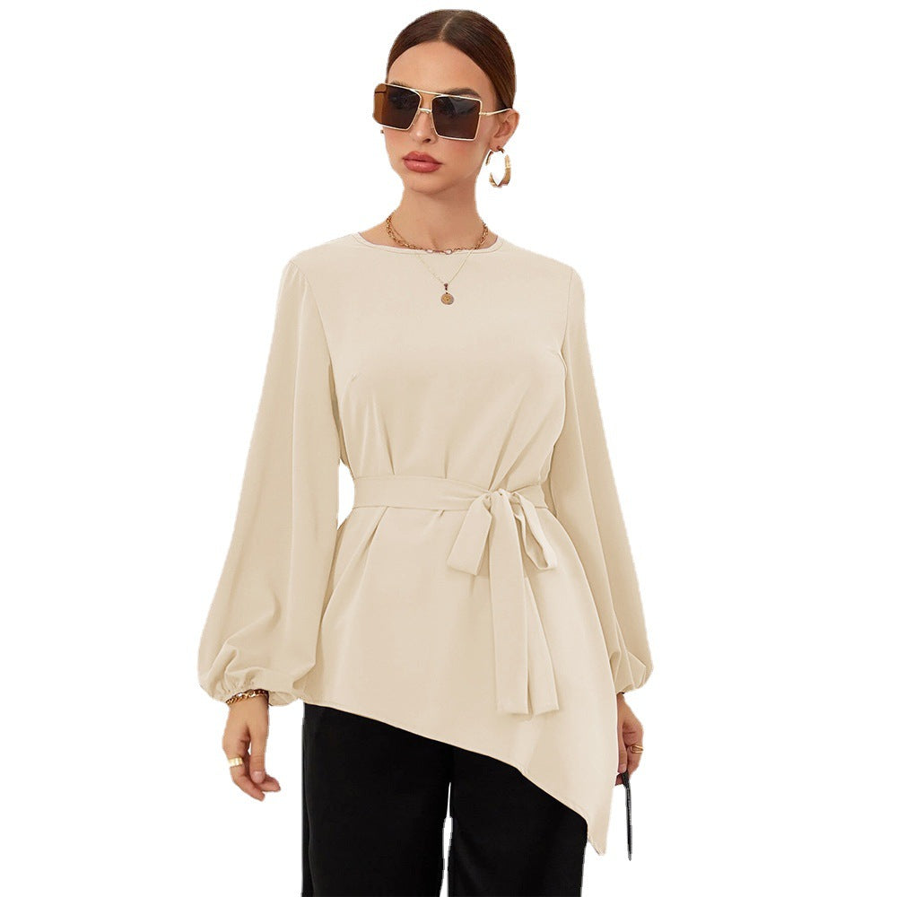 Damen asymmetrisches Blusenoberteil mit eleganten Rüschen und modischem Taillengürtel W&W