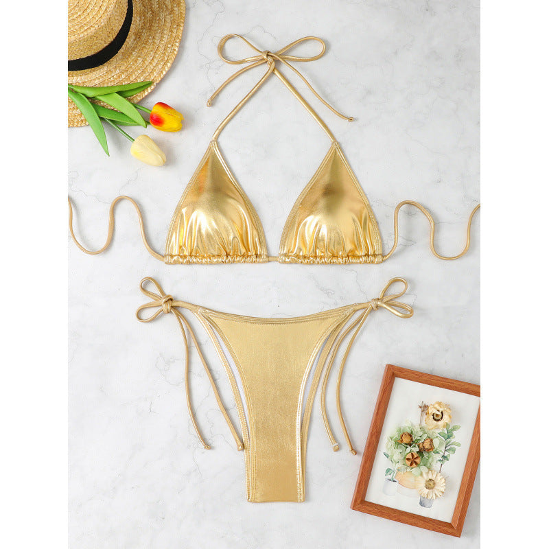 Damen Triangel-Bikini mit funkelndem Metallic-Finish und verstellbaren Bändern WW